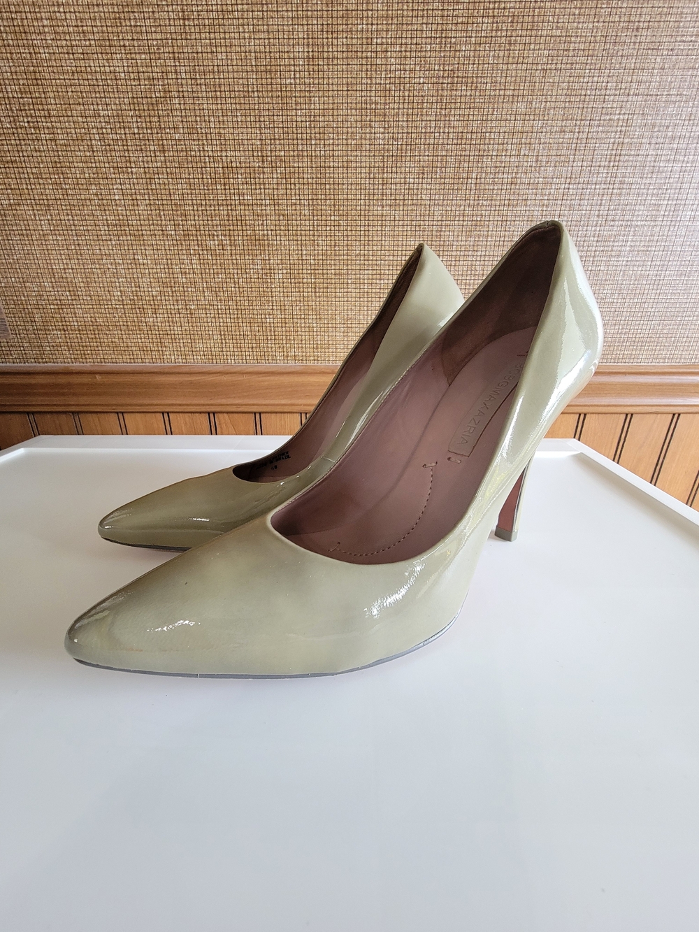 BCBGMaxAzria Patent Pointed-Toe Pumps in Light Sage